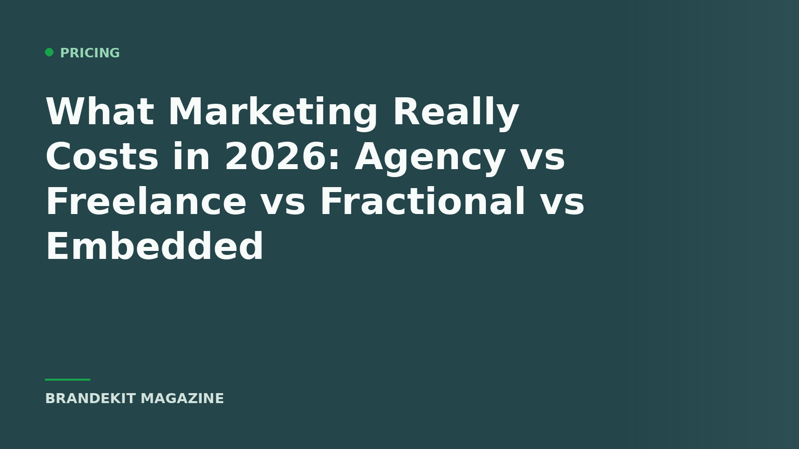 Brandekit Magazine cover — what marketing really costs in 2026: agency vs freelance vs fractional vs embedded